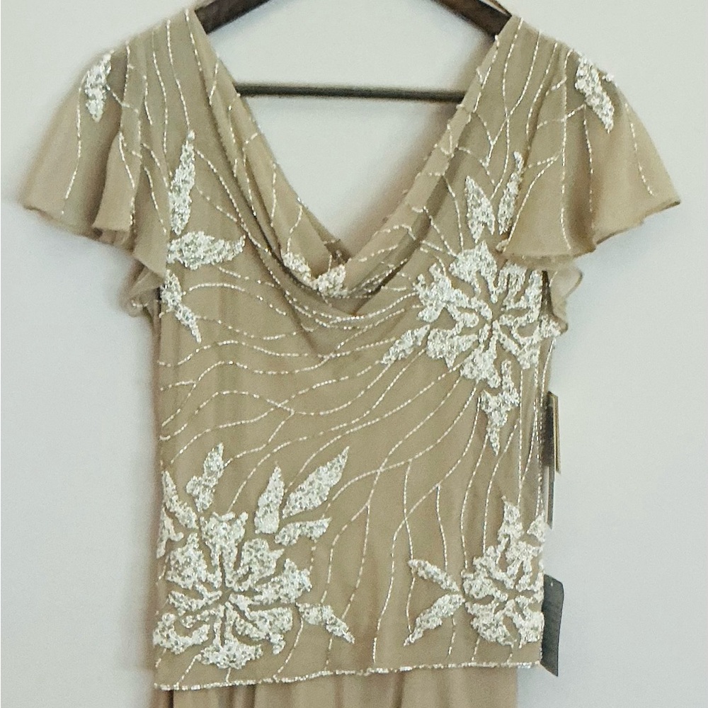 JKara Beautiful Beige Polyester Chiffon Ball Gown Hand Beaded   Size 10   NWT - Picture 5 of 11